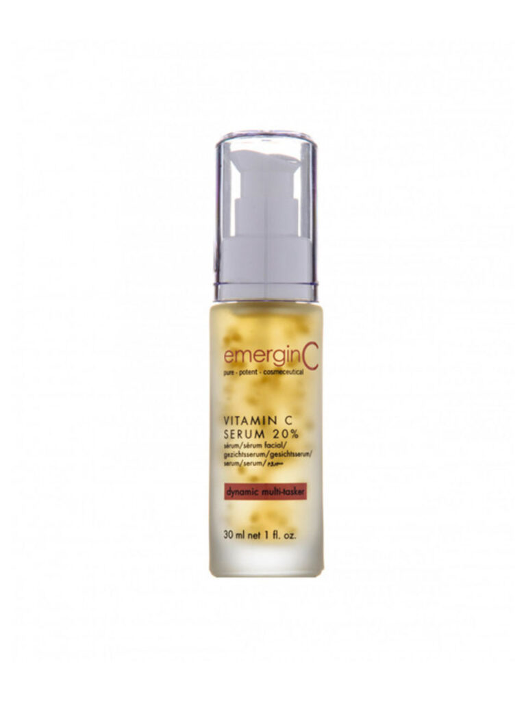 A clear bottle of 20% vitamin C serum with a white pump dispenser and gold label, containing 30 ml (1 fl. oz.) of skincare product.