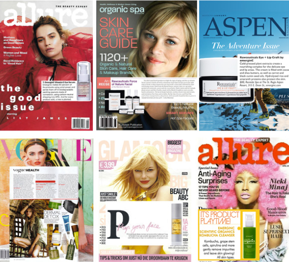 A collage of various magazine covers featuring fashion, beauty, and lifestyle content, with diverse themes from skincare guides to adventure travel.
