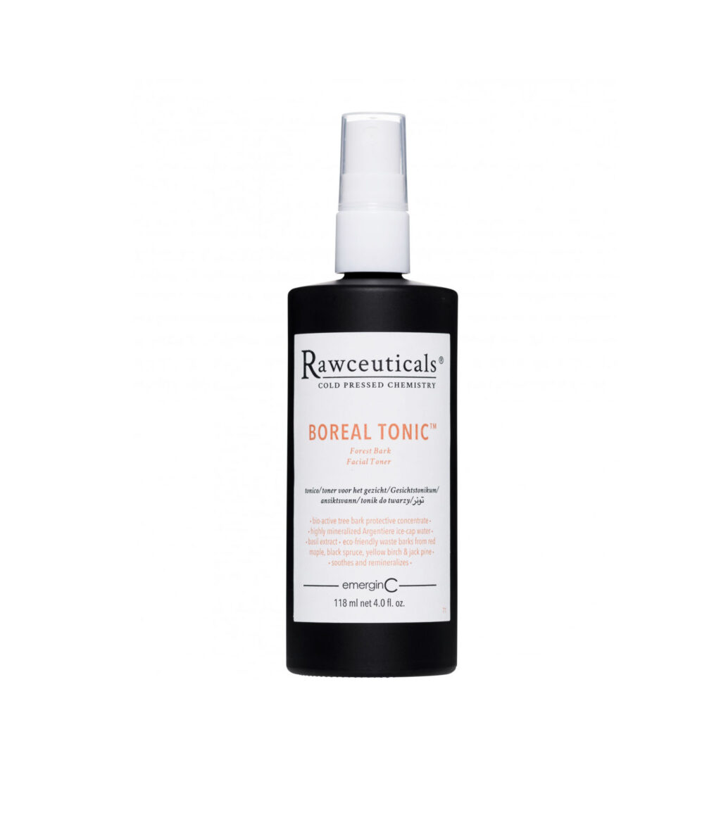 A bottle of BOREAL TONIC™ facial mist with text detailing the product's natural ingredients and usage instructions.