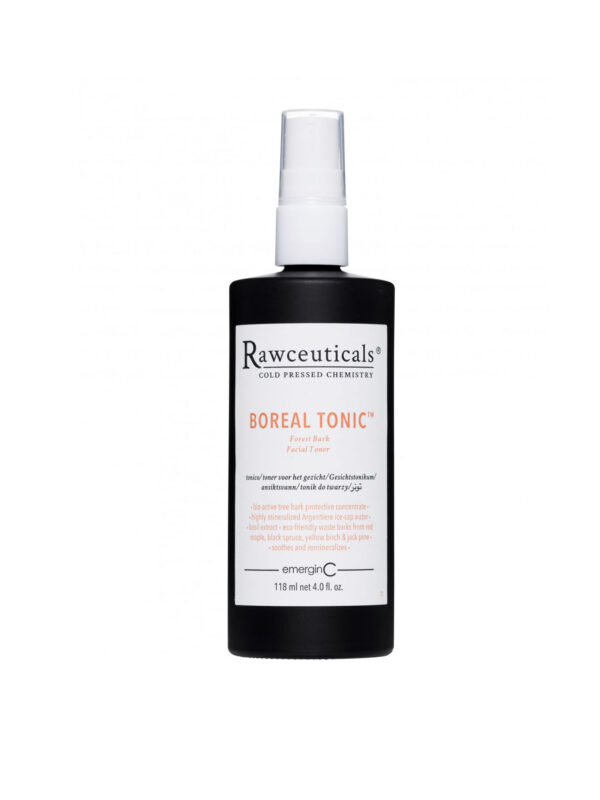 A bottle of BOREAL TONIC™ facial mist with text detailing the product's natural ingredients and usage instructions.