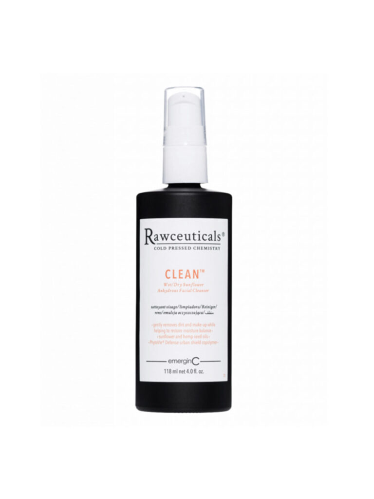 A black bottle of CLEAN™, a cold-pressed facial cleanser by emerginC, with a white pump dispenser and label displaying product details. The bottle holds 118 ml (4.0 fl. oz.).
