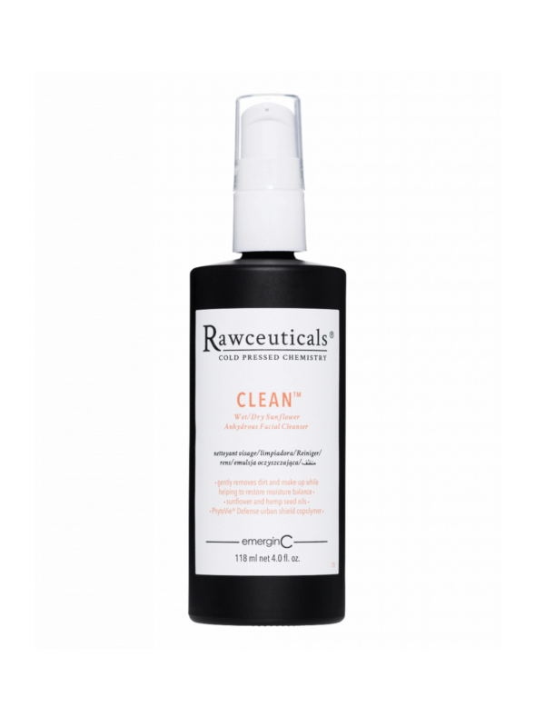Elegant black bottle of CLEAN™ facial cleanser with a white dispenser pump.