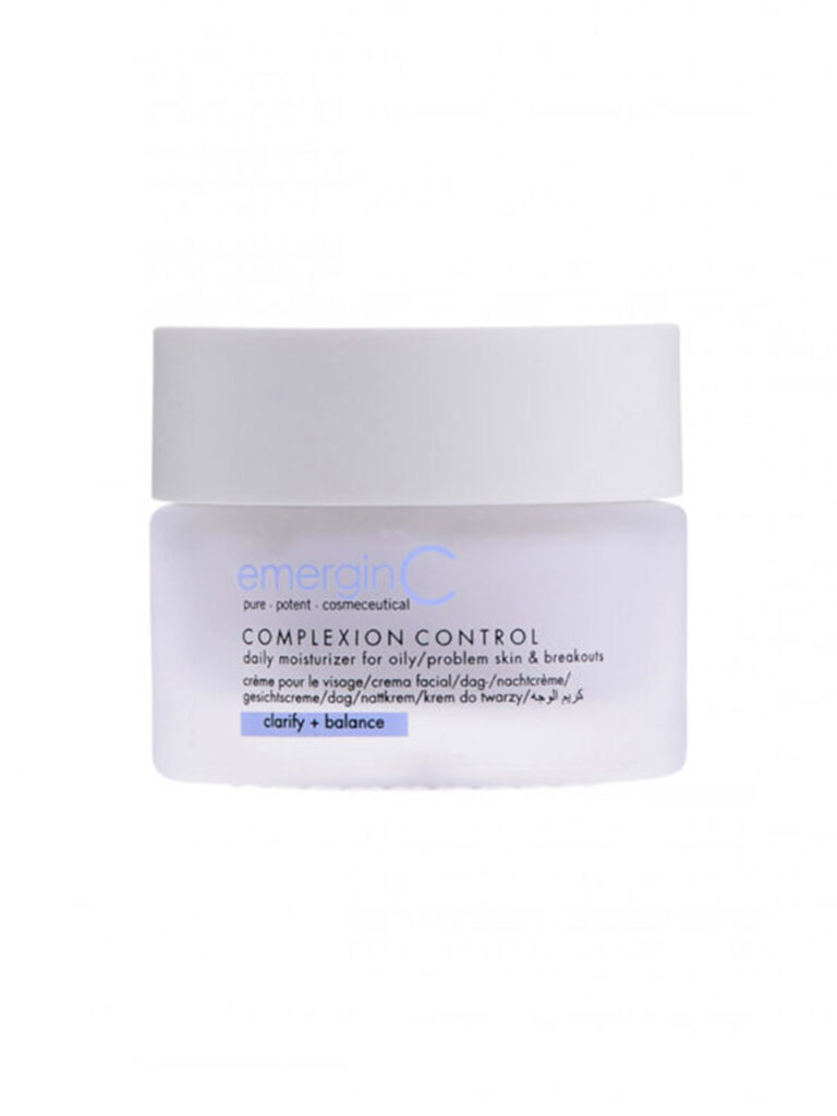 A white jar of complexion control daily moisturizer for oily/problem skin and breakouts, featuring a white lid and blue text, is shown against a plain white background.