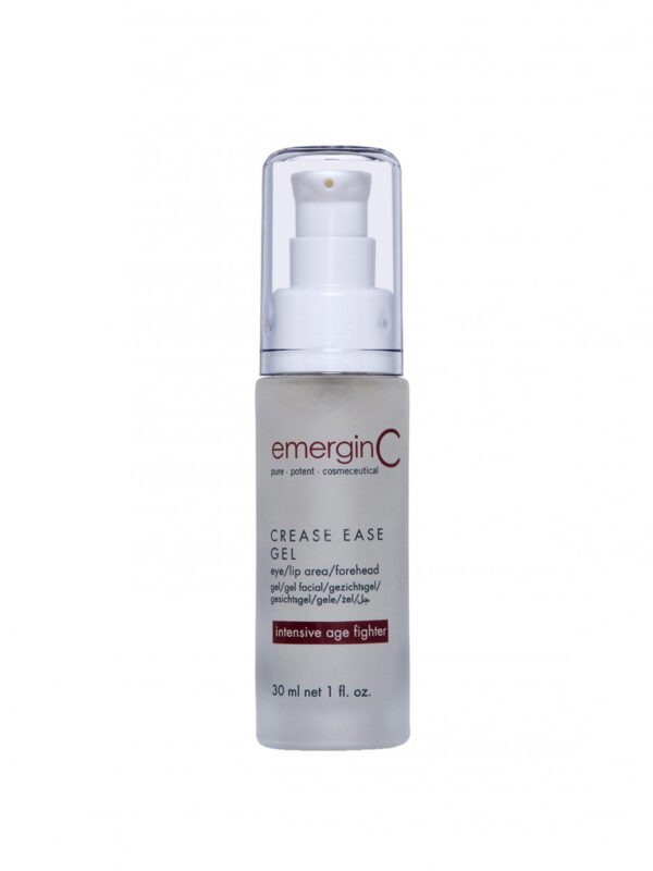 A bottle of emerginC crease ease gel, an intensive age fighter skincare product, isolated on a white background.