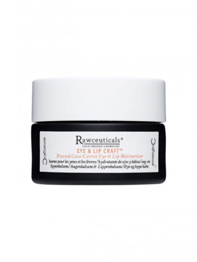 A small black jar with a white lid labeled "EYE & LIP CRAFT™," described as a pressed coco-carrot moisturizer for eyes and lips.