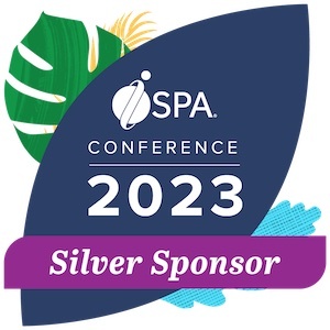Logo of the 2023 spa conference showcasing their proud silver sponsor amidst a backdrop of tropical foliage, highlighting a theme of relaxation and wellness.