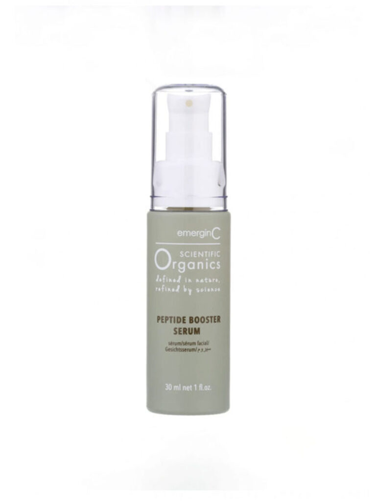 A bottle of peptide booster serum with a white pump and clear cap, 30 ml (1 fl. oz.), shown against a plain white background.