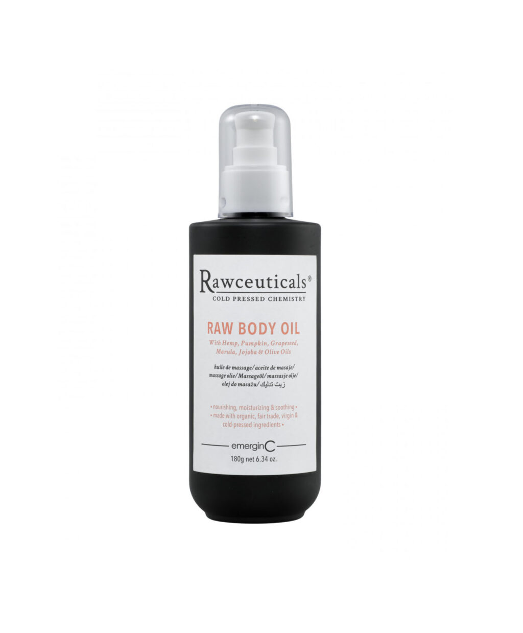 Bottle of emerginC RAW BODY OIL by rawceuticals, featuring natural ingredients like hemp, pumpkin, and cranberry oils for nourishing and hydrating skin care.