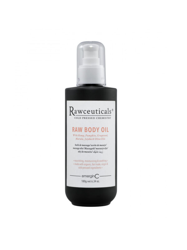 Bottle of emerginC RAW BODY OIL by rawceuticals, featuring natural ingredients like hemp, pumpkin, and cranberry oils for nourishing and hydrating skin care.
