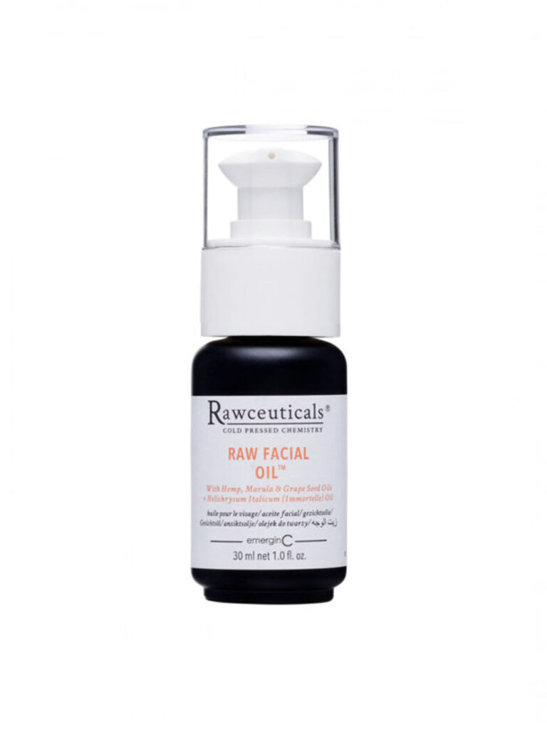 A 30 ml (1 fl oz) bottle of RAW FACIAL OIL™ with a pump dispenser, featuring a black bottle, white label, clear cap, and ingredients like grape seed and marula oils.