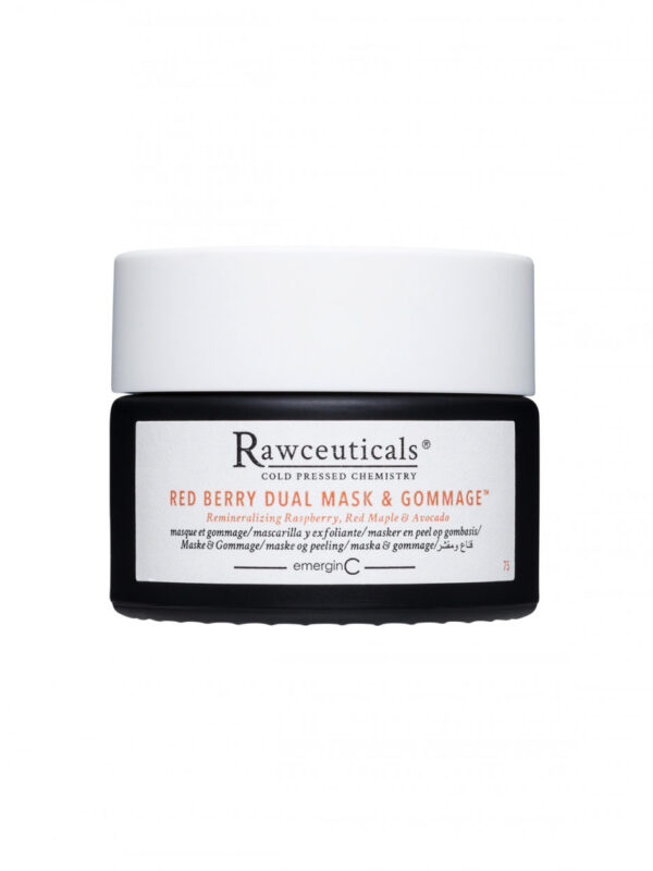 A jar of RAWCEUTICALS RED BERRY DUAL MASK & GOMMAGE™ for skincare.