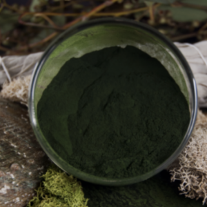 A container filled with a rich green powder, possibly a natural pigment or a powdered superfood like spirulina or matcha, set against an earthy backdrop with hints of foliage and natural textures.