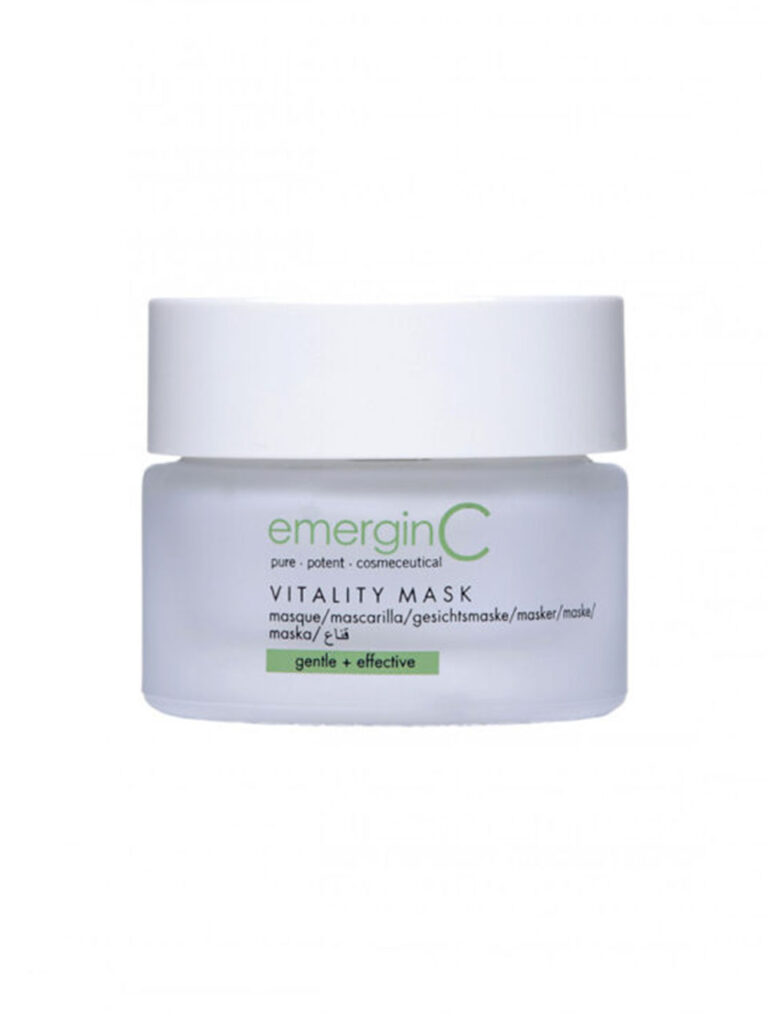 A white jar labeled "vitality mask" with green and gray text displays "pure • potent • cosmeceutical" and "gentle + effective" on a white background.