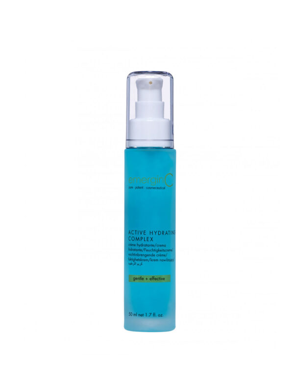 A bottle of active hydrating complex facial serum against a white background.