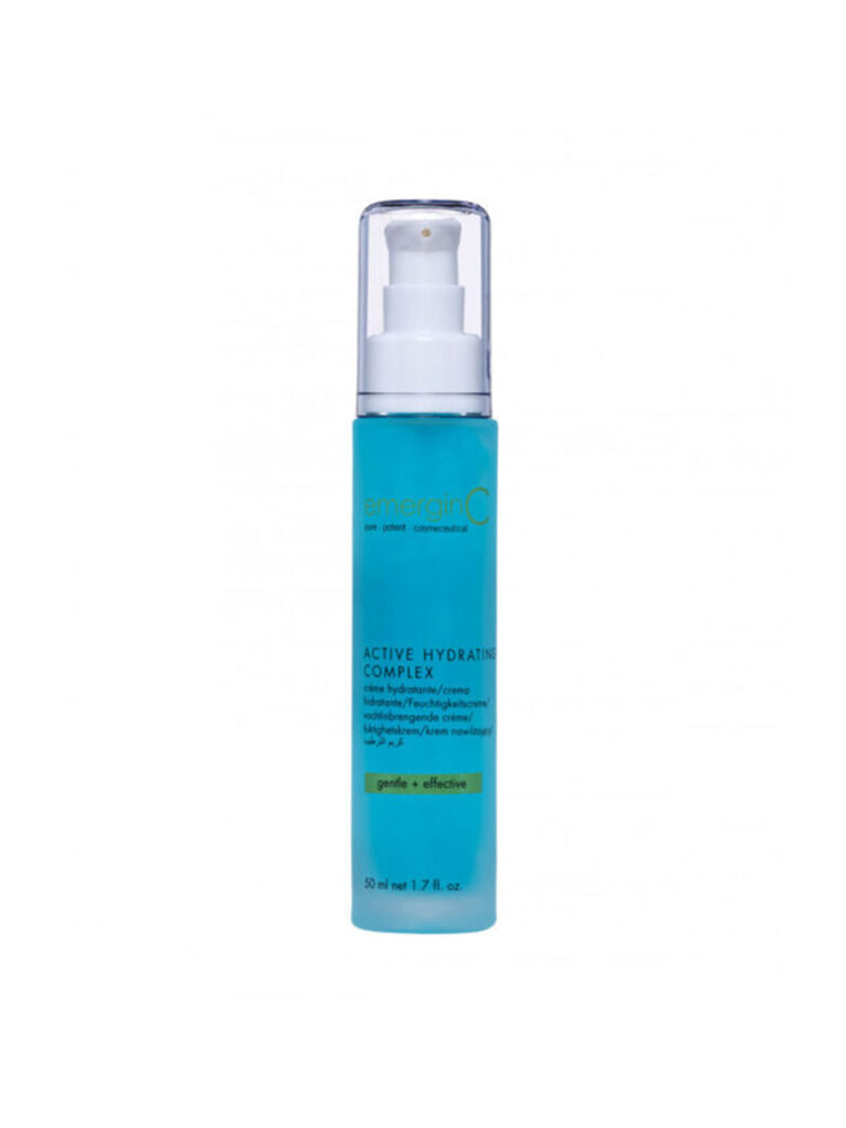 A blue bottle of active hydrating complex with a white pump and clear cap, containing 50 ml (1.7 fl. oz.) of skincare formula. The label emphasizes "gentle + effective.