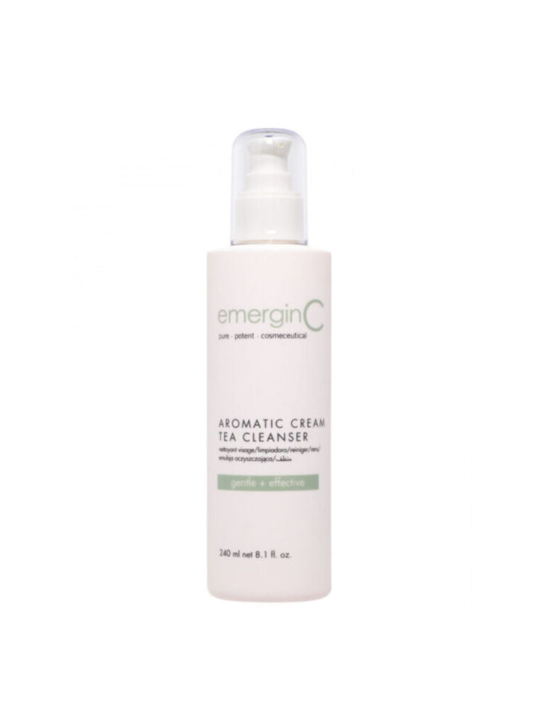 A white bottle of aromatic cream tea cleanser with a pump, green and grey text, and 240 ml (8.1 fl. oz.) of gentle, effective facial cleanser.