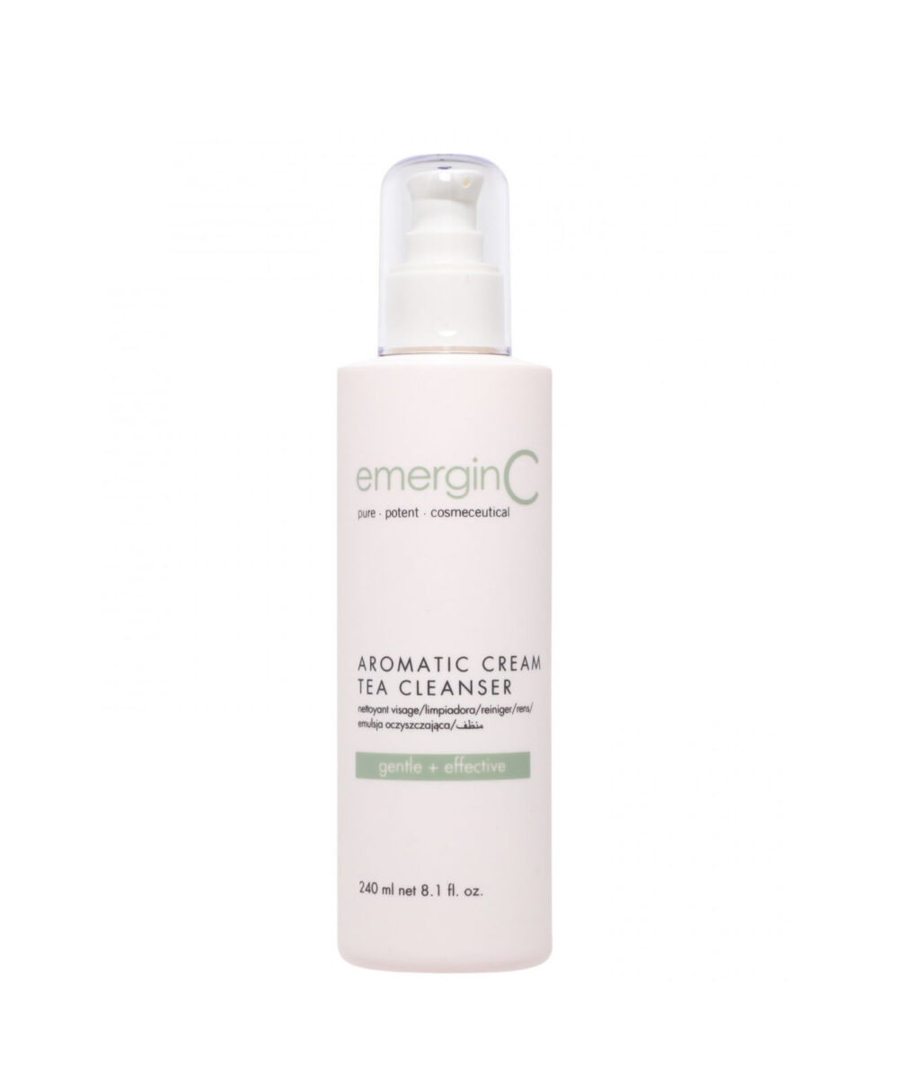 A pump bottle of Birchrose + Co Aromatic Cream Tea Cleanser against a white background, highlighting the product's gentle and effective cleansing qualities for skin care.