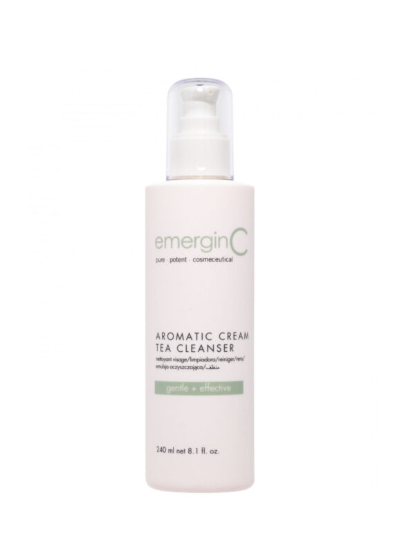 A pump bottle of Birchrose + Co Aromatic Cream Tea Cleanser against a white background, highlighting the product's gentle and effective cleansing qualities for skin care.