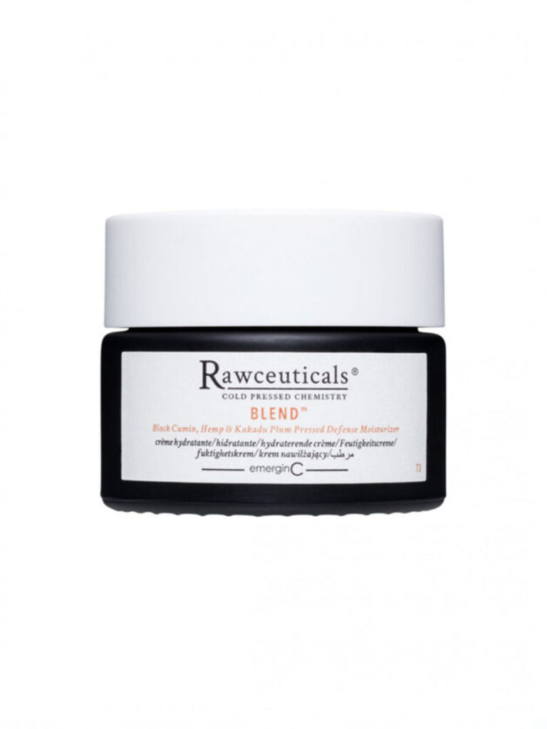 A black and white jar labeled "BLEND™" cold pressed chemistry moisturizer by emerginC, shown against a plain white background.