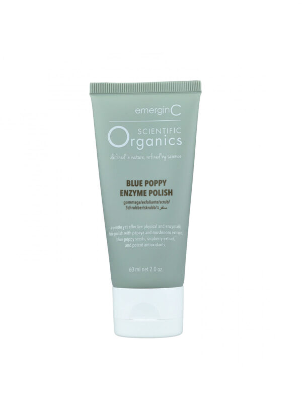 A tube of emerginC scientific organics blue poppy enzyme polish, a gentle yet effective exfoliating and enzymatic facial scrub with poppy, pineapple, and papaya extracts.
