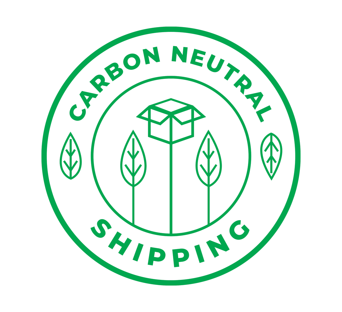 Emblem representing carbon neutral shipping with an icon of a package and leaves, symbolizing eco-friendly delivery services.