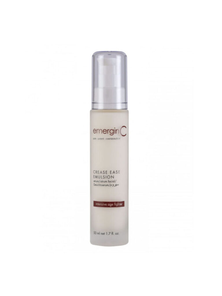A 50 ml (1.7 fl. oz.) bottle of emerginC crease ease emulsion with a clear pump and white label, described as an intensive age fighter.