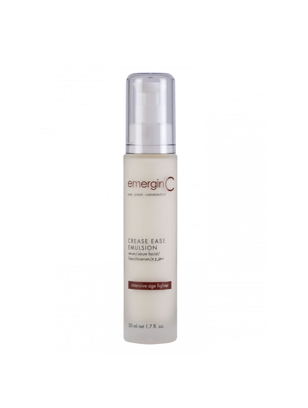 A bottle of emerginc Crease Ease Emulsion, labeled as an "intensive age fighter" skincare product.