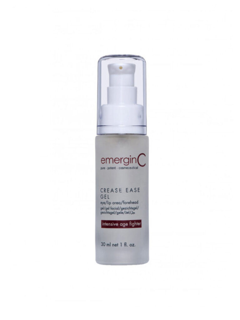 A clear pump bottle of crease ease gel, designed for intensive age fighting, contains 30 ml (1 fl. oz.). The label highlights its use for frown lines and forehead.