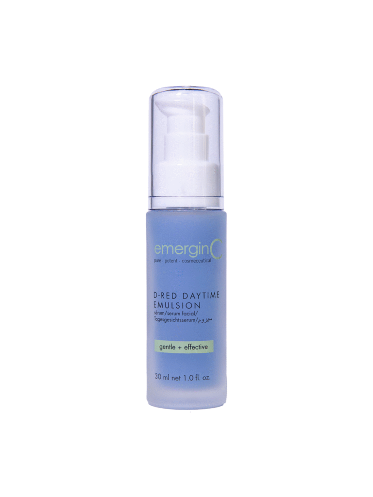 A blue bottle of d-red daytime emulsion with a white pump and clear cap, labeled "gentle + effective." The bottle contains 30 ml (1.0 fl oz) of product.