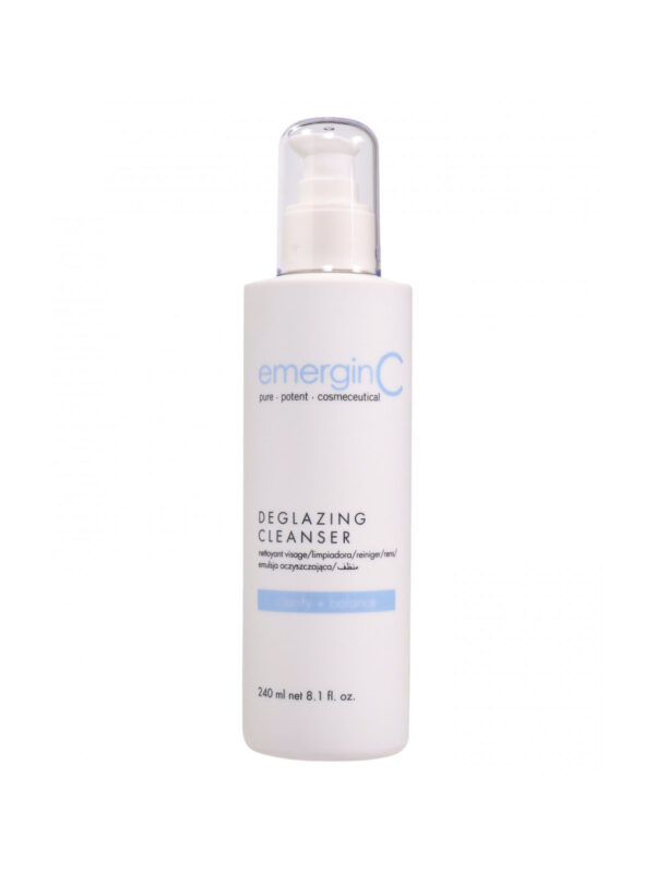 A bottle of emerginc deglazing cleanser on a white background. 
Product Name: EmerginC Deglazing Cleanser