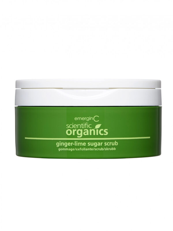 A jar of emerginc scientific organics ginger-lime sugar scrub against a white background.