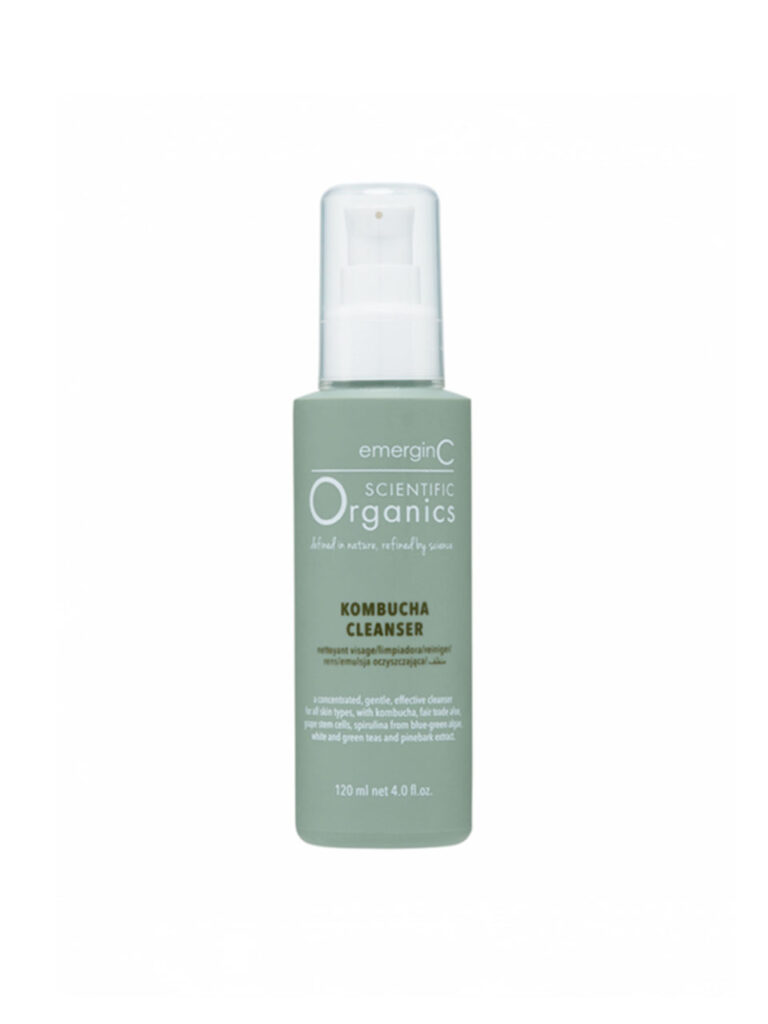 A green bottle of kombucha cleanser with a white pump and label text, containing 120 ml (4.0 fl. oz.) of product, is shown against a plain white background.