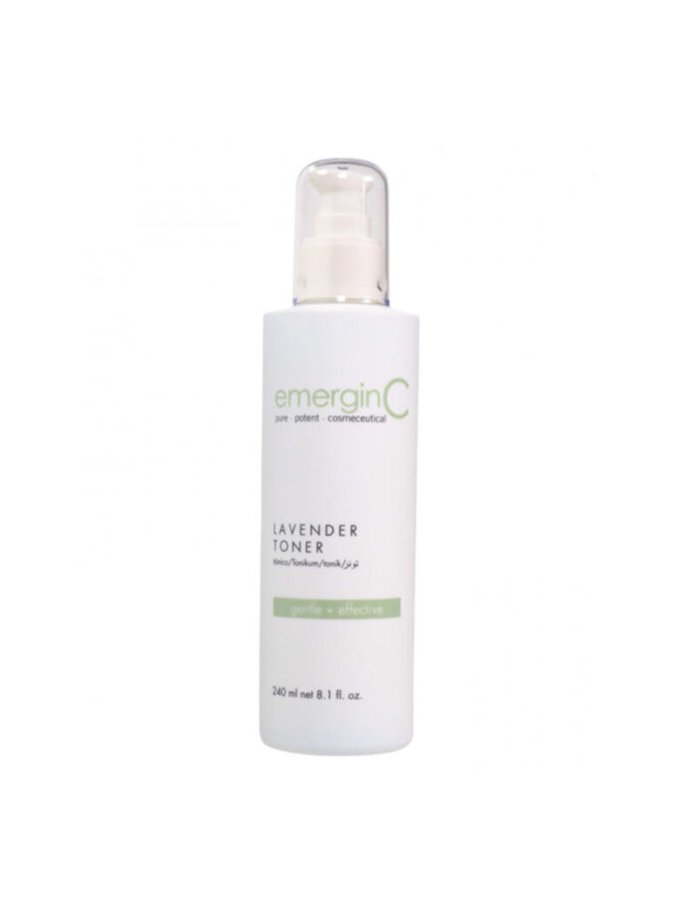 A white bottle of lavender toner with a clear cap and pump dispenser, featuring green and gray text on the label. The bottle contains 240 ml (8.1 fl. oz.) of product.