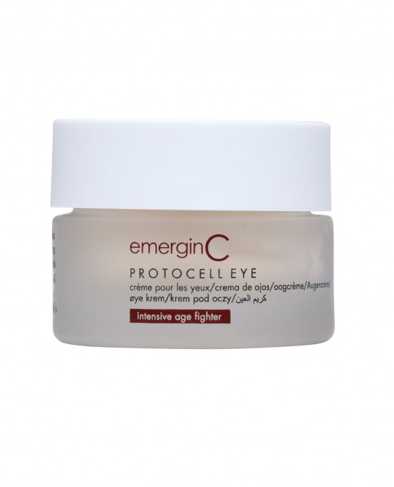 A jar of EmerginC Protocell Eye Cream against a neutral background, labeled as an "intensive age fighter" product for eye care.