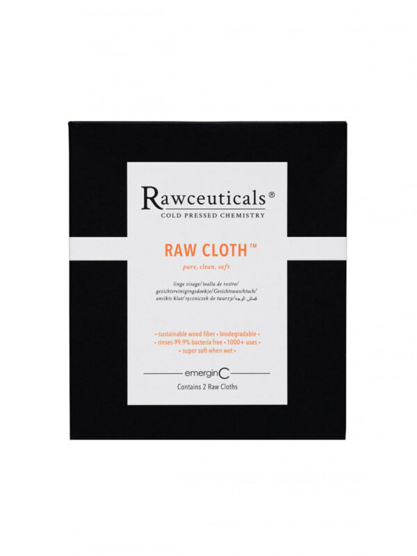 A package of rawceuticals® cold pressed chemistry RAW CLOTH™ featuring pure, clean, and raw™ ingredients, intended for gentle cleansing with sustainable, biodegradable, and compostable features. contains 2 RAW CLOTH™.