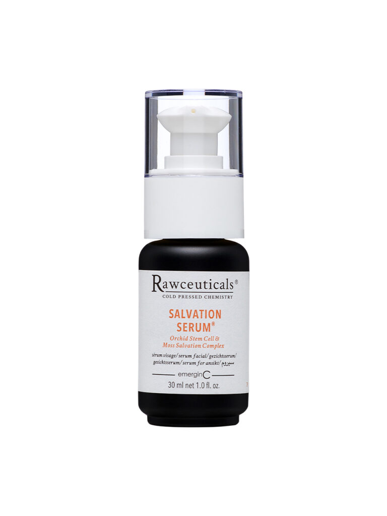 A 30 ml bottle of SALVATION SERUM® with a white pump dispenser, clear cap, and black-and-white label with orange text. This skincare product is designed to nourish and revitalize your skin.