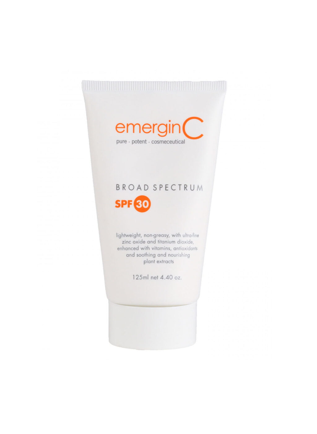 A tube of sun spf 30+ broad-spectrum sunscreen, highlighting its lightweight, non-greasy formula enriched with vitamins, antioxidants, and plant extracts, packaged in a 125 ml/4.40 oz container.