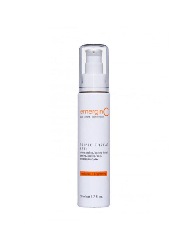 A white bottle of triple threat peel with a clear cap and pump dispenser features orange and grey text on the label, describing it as an exfoliating facial treatment.