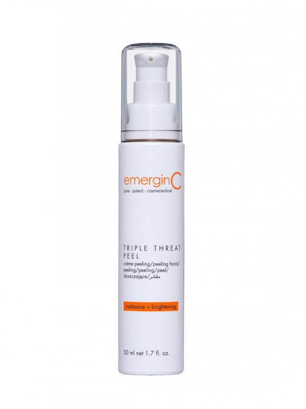 A bottle of emerginc triple threat peel against a white background, emphasizing its radiance and brightening effects.