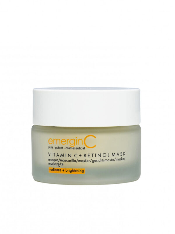 A jar of the [vitamin C + retinol mask] for facial care, aimed at enhancing radiance and brightening the skin.