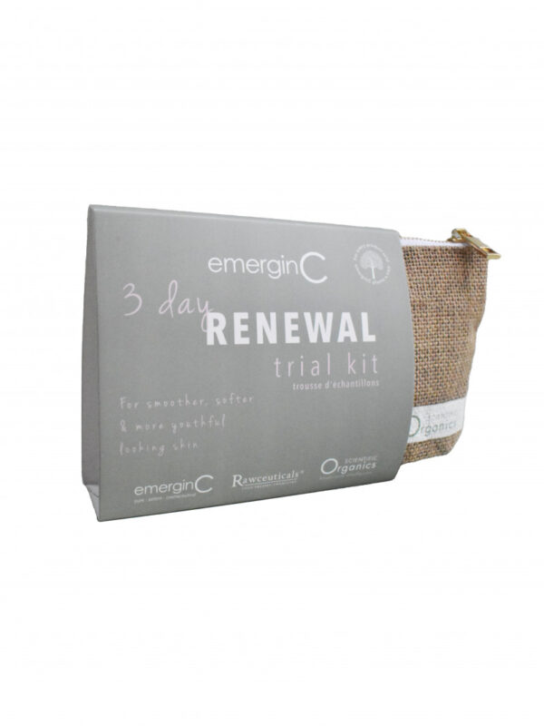 A package of 3 Day Renewal Trial Kit for smoother, softer, and more youthful looking skin, presented in a small burlap pouch with organic labeling.