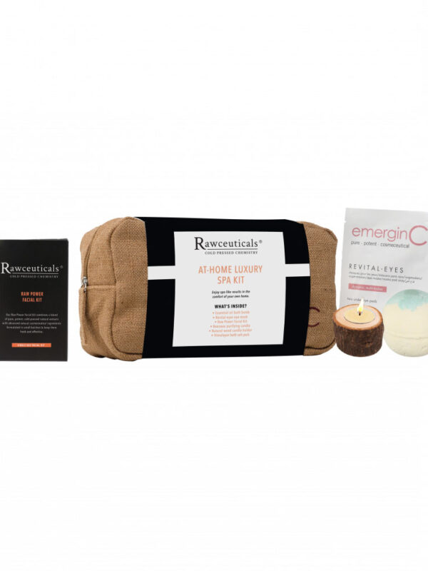 A collection of spa essentials including the Rawceuticals at-home luxury spa kit, facial products, and a bath bomb for a relaxing self-care routine.