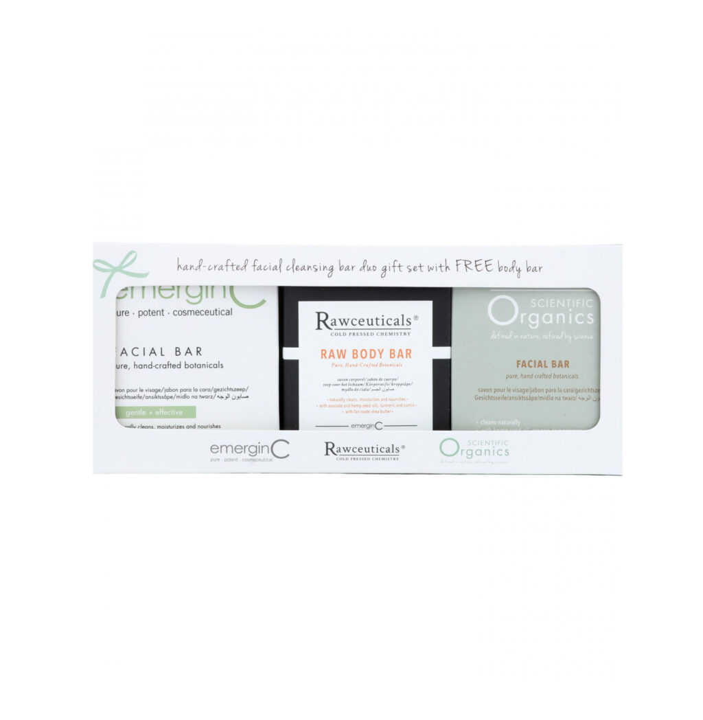 A Special Value Face & Body Bar Gift Set displayed in packaging, with one labeled "rawceuticals" and the other "scientific organics," advertised with a bonus facial bar included.