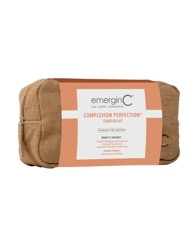 A tan toiletry bag with an attached orange label displaying the text "Complexion Perfection® Starter Kit".