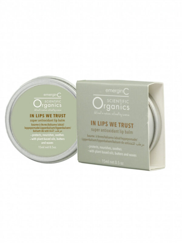 A jar of emerginc scientific organics in lips we trust super antioxidant lip balm next to its packaging box, highlighted for its protective and soothing properties with plant-based butters.