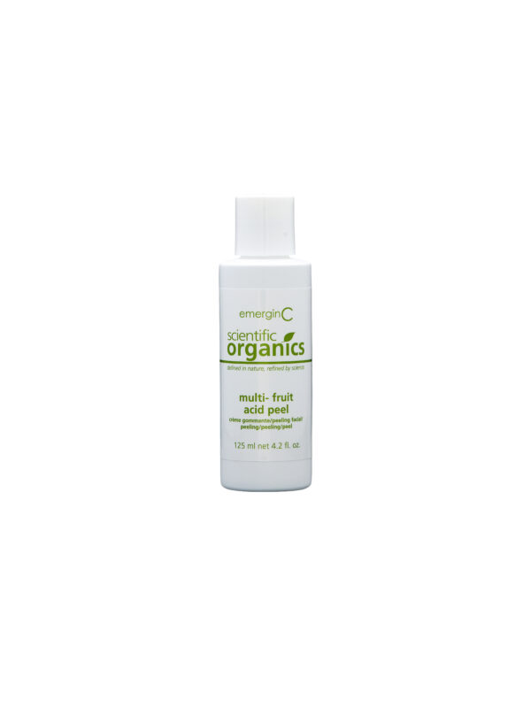 A bottle of emerginc scientific organics multi-fruit acid peel skincare product on a white background.