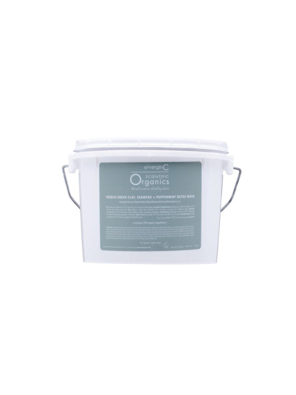 A white plastic bucket with a handle, labeled "french green clay, seaweed + peppermint detox mask", indicating a product with organic materials possibly for health or wellness.