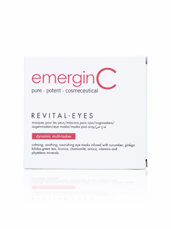 A box of emerginc revital-eyes masks, described as a dynamic multi-tasker with ingredients like cucumber, ginkgo biloba, green tea, licorice, chamomile, arnica, vitamins, and phytelene minerals.