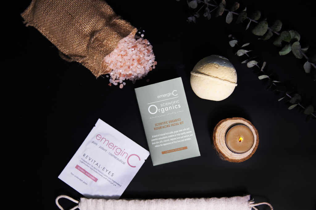 So it would be: Soothing self-care essentials with At-Home Luxury Spa Kit - Organics, a lit candle, and himalayan salt for a relaxing at-home spa experience.