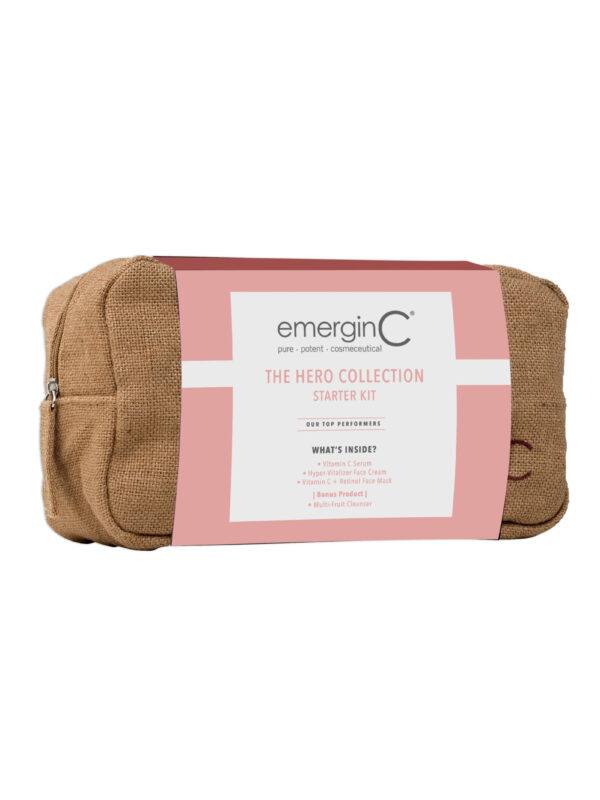 A beige travel-sized toiletry bag with The Hero Collection Starter Kit brand and "the period collection starter kit" text on the label, listing included items such as "1x waterproof bag, 2x hydrating mists" against a white background.